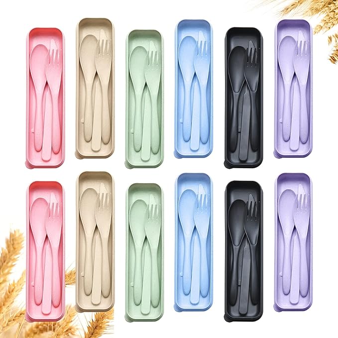 Reusable Travel Utensils Set with Case, 12 Sets Wheat Straw Portable Knife Fork Spoons Cutlery, Eco-Friendly BPA Free Plastic Tableware for Kids Adults Travel Picnic Camping Utensils