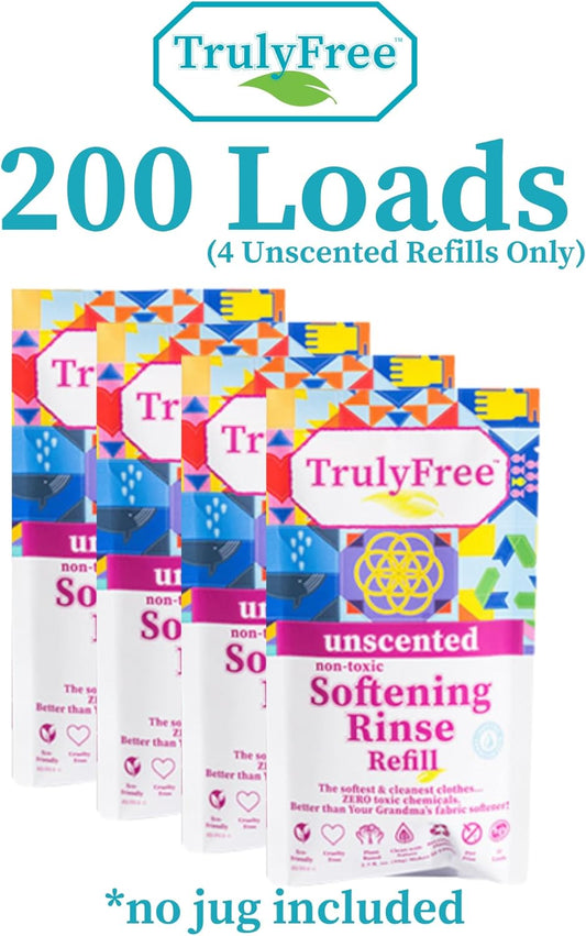 Truly Free Fabric Softening Conditioner for Clothes| Safe for Babies & Kids with Sensitive Skin | Plant-Based | Includes 4 Refills | Unscented Rinse(200 Loads)