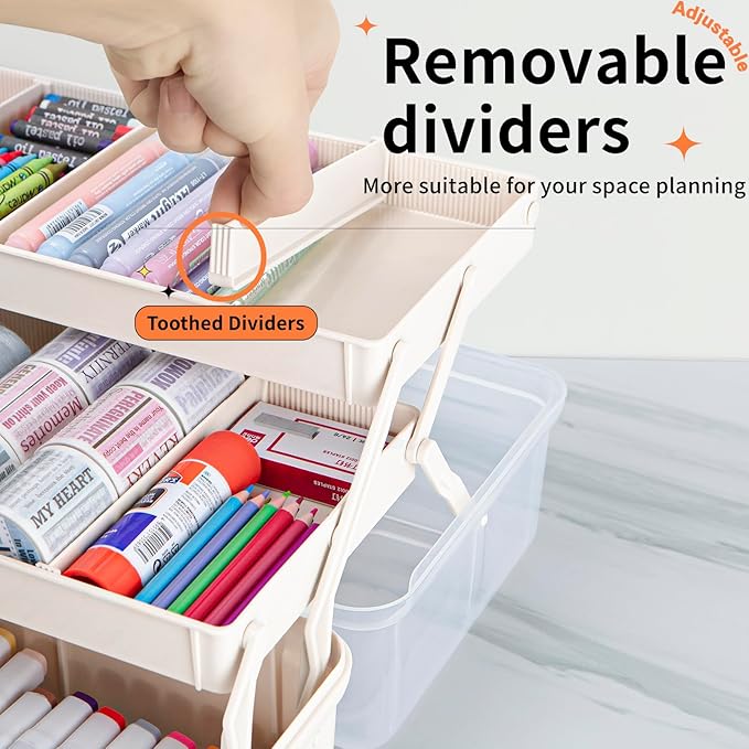12.5in 3-Layer Multipurpose Craft Organizers and Storage with Adjustable Dividers, Portable Tackle Box, Folding Art & Craft Case for Medicine, Tool, Sewing Organizer (White)