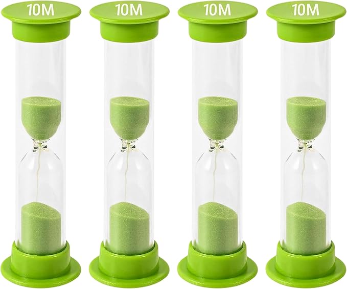 Sand Timer for Kids - 10 Minute Set of 4 Hour Glass - Green Color- Acrylic Covered for Classroom, Home & Kids Room