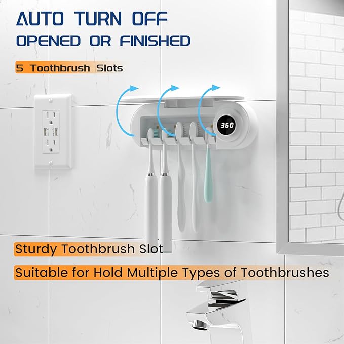MIMORE Toothbrush Holder, 5 Toothbrush Slots & Timer Function, Cordless Wall Mounted Toothbrush Holders for Bathrooms
