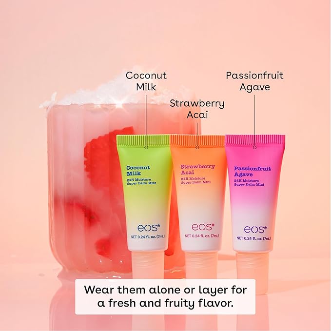 eos 24H Moisture Super Balms Minis- Pink Paradise, Limited-Edition, Nourishing, Dry Lips, Variety Pack Mini, Lip Balms, 0.169 fl oz, 3-Pack