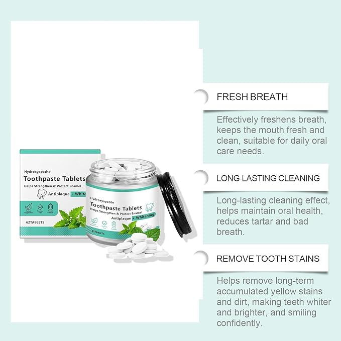Chewable Whitening - Nano Hydroxyapatite Toothpaste for Sensitive Teeth & Antiplaque -, Natural Peppermint, Fluoride Free - Strengthen & Protect Enamel - Fresh Breath，62pcs