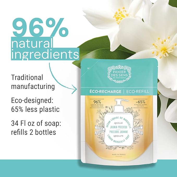 Panier des Sens - Liquid Hand Soap Refills - Jasmine Foaming Hand Soap Refill - French Moisturizing Hand Wash with Coconut Oil - Kitchen & Bathroom Soap - 97% Natural - 34 Fl.oz