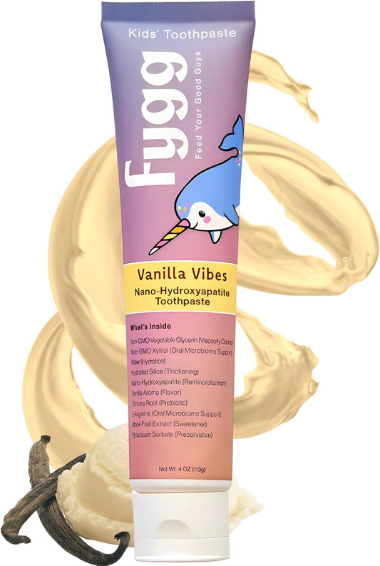 Fygg Nano Hydroxyapatite Toothpaste (Vanillia Vibes) | Vanilla Kids Tooth Paste with Prebiotics (4 Oz) | Natural & Fluoride-Free | Proprietary Enamel Remineralizing & Repair | Dentist Formulated