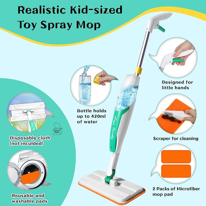 Kids Spray Mop Toy – Toddler Cleaning Set with Real Water Sprayer, Microfiber Mop Pads & Scraper – Pretend Play Montessori Cleaning Toys Gift for Preschool Toddlers Kids Boys and Girls
