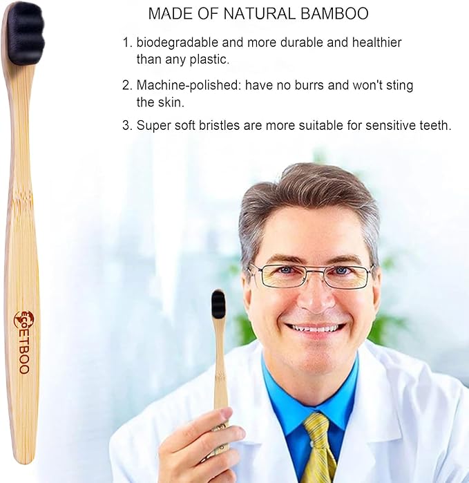 Bamboo Micro-Nano Toothbrushes, Extra Soft Toothbrush with 20000 Bristles Designed for Sensitive Gums Kids Adults (Black White 10P)