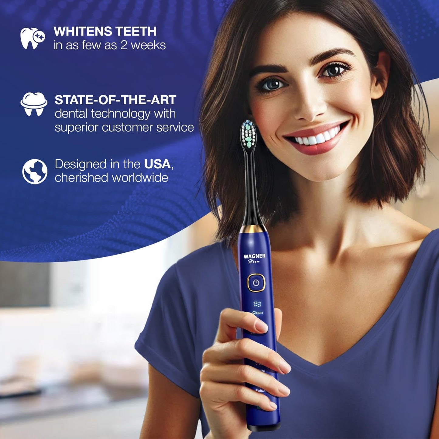 Wagner Stern The Sapphire Blue Edition ultrasonic whitening Electric Toothbrush Features Five Brushing Modes, Eight Soft Brush Heads, and a Premium Travel case.