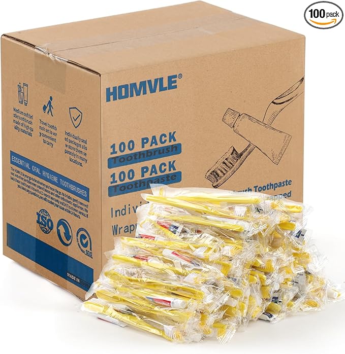 Homvle Disposable Toothbrushes with Toothpaste - 100 Packs Individually Wrapped Travel Toothbrushes Bulk, Medium Soft Bristles, Perfect for Travel Size Toiletries, OCC, Airbnb, Dentist, Office