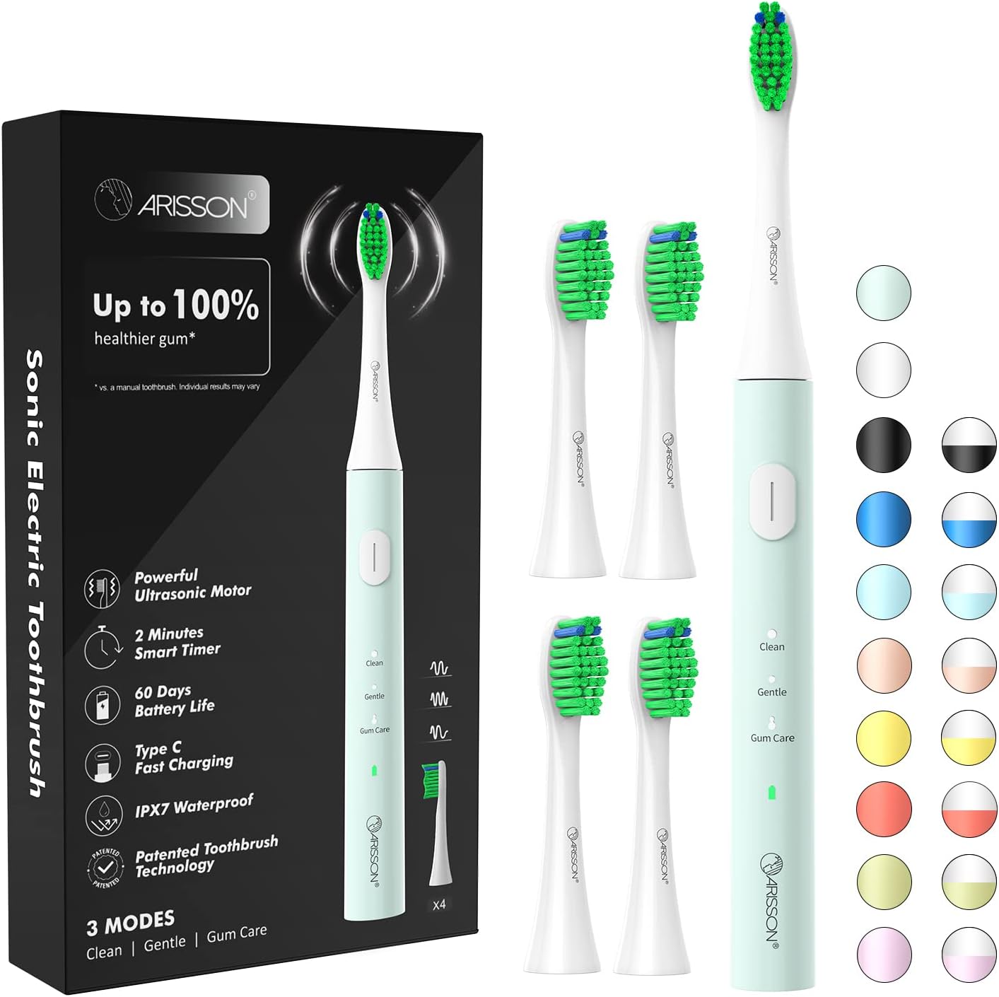 ARISSON Sonic Electric Toothbrush for Adults and Kids, 40,000 VPM Power Toothbrush, 1.5H Fast Charge Ultrasonic Electric Toothbrushes with 2 Minutes Smart Timer, White on Powder Blue