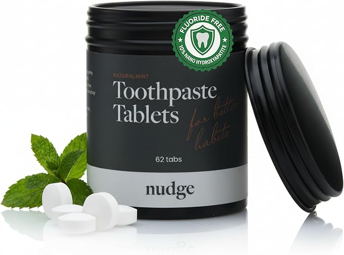 Nudge Toothpaste Tablets, 10% Nano Hydroxyapatite Remin+ Formula, Fluoride-Free, SLS-Free, All-Natural, Natural Whitening & Remineralizing, TSA-Approved, Mild Mint, 62 Tabs