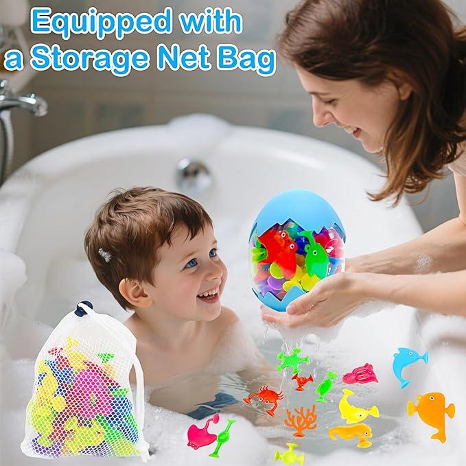 32PCS Suction Cup Bath Toys for Kids Ages 1-3 Ocean Animal Suction Bath Toys with Eggshell Storage No Hole Mold Free Bathtub Toys Party Favor Classroom Prize Water Table Toys 4 5 6 Year Old Boys Girls