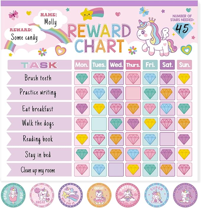 Reward Chart for Kids,Magnetic Behavior Chore Chart for Kids at Home,26 Little Hose Chore Charts,1960 Diamond Stickers,56 Reward Stickers,Incentive Chart to Develop Responsibility and Good Habits,Pink