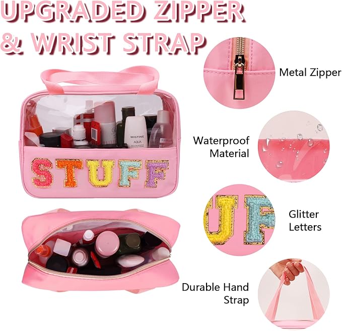 Iqimott Chenille Letter Patch Stuff Bag, Preppy Clear Makeup Cosmetic Bag Large Toiletry Storage Tote Bag with Handle, Transparent Nylon Waterproof Organizer Zipper Pouch for Travel Women Girls(Pink)