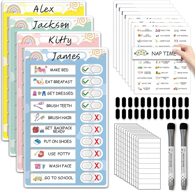4 in 1 Namable Chore Chart for Kids, Dry Erase Morning/Bedtime Routine Chart for Kids for Refrigerator, Magnetic Visual Schedule for Kids Toddlers to Do List Checklist for Multiple Kids