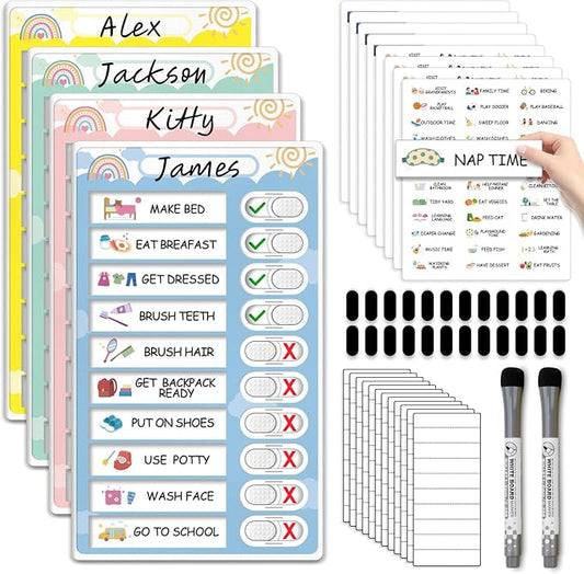 4 in 1 Namable Chore Chart for Kids, Dry Erase Morning/Bedtime Routine Chart for Kids for Refrigerator, Magnetic Visual Schedule for Kids Toddlers to Do List Checklist for Multiple Kids