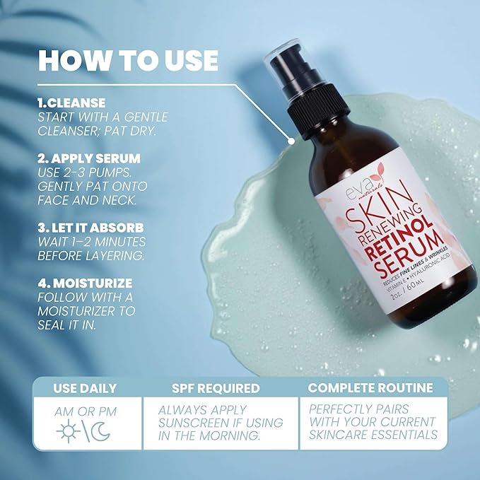 Eva Naturals Retinol Serum for Face – Anti Aging Night Serum with Hyaluronic Acid, Vitamin E, Witch Hazel, Aloe – Wrinkle Moisturizer, Dark Spot Care, Post-Blemish Mark Care, Skin Brightening – 2oz