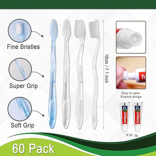 Disposable Toothbrushes with Toothpaste Individually Wrapped, 60Pack Manual Disposable Travel Toothbrushes Bulk, Adult Kid Travel Toiletries, 3 Colors