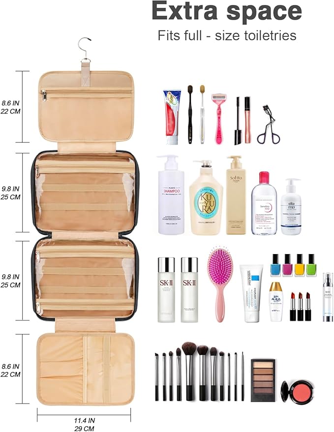 Women's Hanging Toiletry Bag, Waterproof Travel Cosmetic Organizer with Jewelry Storage, Large Capacity Makeup Case for Full-Size Skincare & Bathroom Essentials, Portable Cosmetic kit, Black