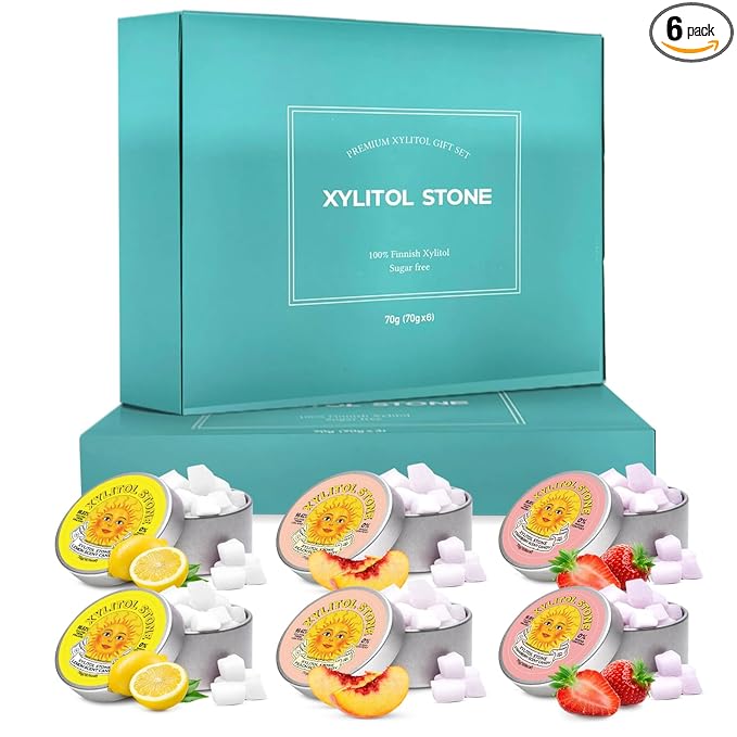 Xylitol Stone Sugar Free Candy - Vegan & Keto Friendly Unique Hard Candy - 100% Natural Flavor Candies - Gluten Free & Non-GMO Breath Freshener Mints - Pack of 6 (2 Strawberry, 2 Lemon, 2 Peach)