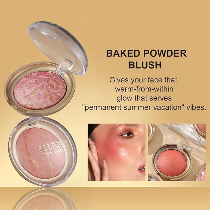 Baked Blush, Marbleized Blush for Cheeks, Shimmery Satin Finish Powder Blushes Palette, Buildable Color Natural Face Makeup Powder
