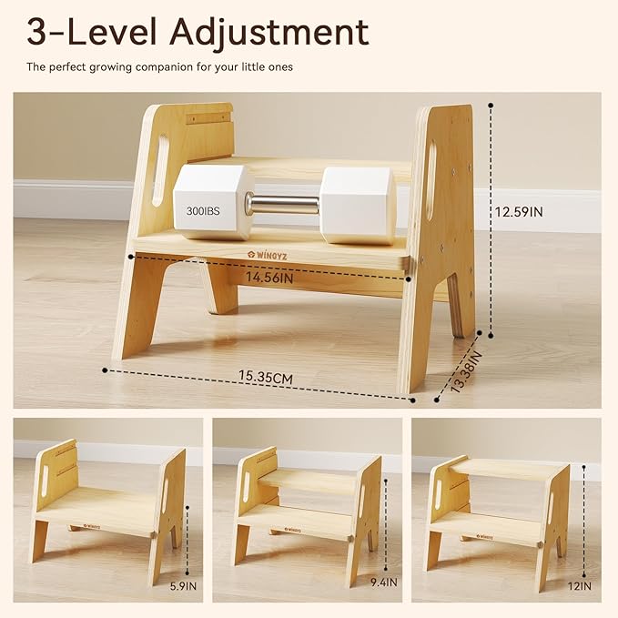 Wingyz Wooden Toddler Step Stool, Adjustable Step stools for Kids with Handles,Durable 3-Level Height Stepstool for Bathroom Sink, Kitchen, Bedroom,Potty Training