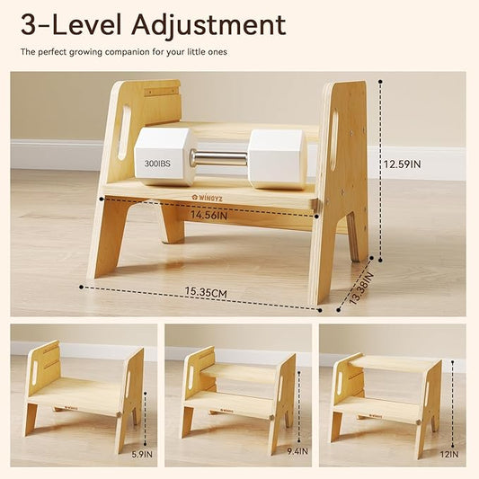 Wingyz Wooden Toddler Step Stool, Adjustable Step stools for Kids with Handles,Durable 3-Level Height Stepstool for Bathroom Sink, Kitchen, Bedroom,Potty Training