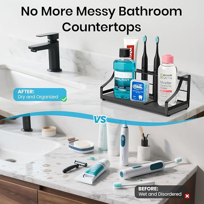 BOTEMY Toothbrush Holder with Instant Drying Stone - Bathroom Counter Organizer, Kids Electric Toothbrush Toothpaste Holders, Bathroom Sink Organizers and Storage,Black