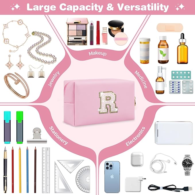 Small Personalized Initial A-Z Patch Makeup Bag,Pink Cute PU Leather Glitter Letter Cosmetic Bag for Teen Girls,Travel Toiletry Bag with Zipper,Preppy Monogrammed Birthday Gift for Daughter Niece R