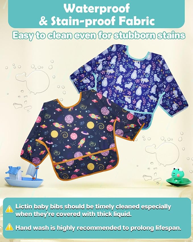 Lictin 3 Packs Baby Bibs for Boy or Girl, Cute Long Sleeve Bib, Waterproof Bibs for Toddlers,Adjustable Closure Baby Smock, Mess Proof Baby Bib, 6-24 Months Reusable Infant Baby Bibs