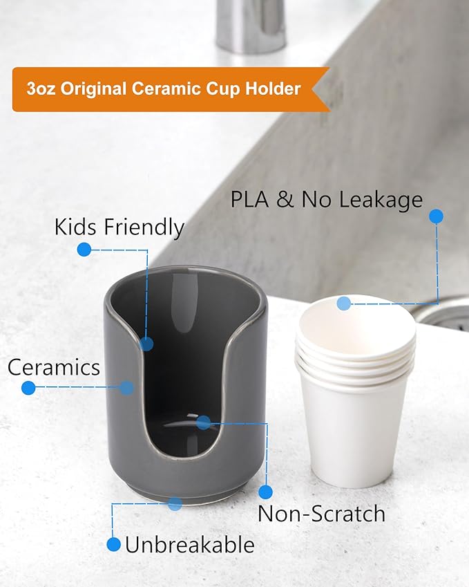 3 oz Original Ceramic Bathroom Cup Dispenser with 5 PLA Paper Cups, Bathroom Essential Accessories for Mouthwash Cup Holder (2 Pack, Grey)