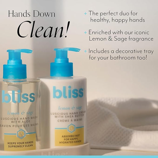 Bliss Lemon & Sage Happy Hands Duo | Hydrating Hand Wash & Nourishing Hand Cream Set with Decorative Tray