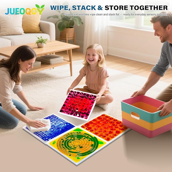 Liquid Sensory Floor Tiles for Kids Ages 3+, 12" Textured Step-On Tiles with Non-Slip Base, Interactive Color-Flow, Assorted Colors, Sensory Path Starter Set (4-Pack)