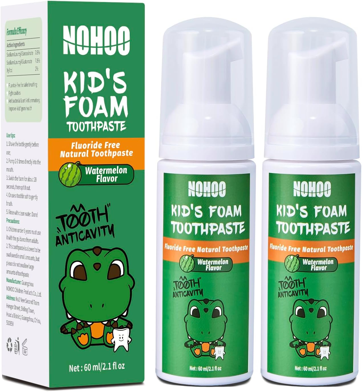 NOHOO Fluoride Free Foam Toothpaste Kids Watermelon,Natural Training Toothpaste for Baby Toddler Children Oral Cleaning and Cavity Protection(2 Pack)