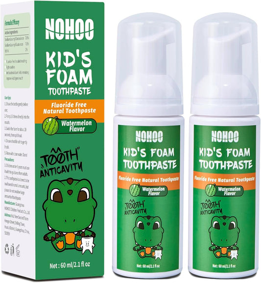 NOHOO Fluoride Free Foam Toothpaste Kids Watermelon,Natural Training Toothpaste for Baby Toddler Children Oral Cleaning and Cavity Protection(2 Pack)