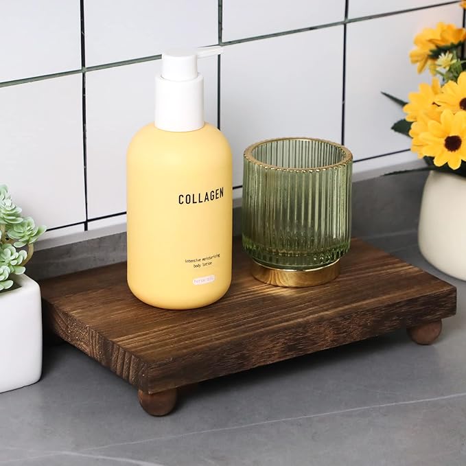 Amyhill Wood Pedestal Stand Kitchen Soap Tray Farmhouse Wooden Riser Stand for Kitchen Bathroom Counter Table Decor Plant Candle Vases Display (Dark Brown, 9 x 6 Inch)