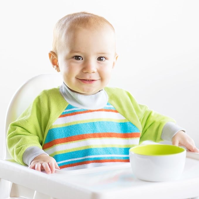 Kiddologic Bibit-all Baby Feeding Bib, Long Sleeves, Ribbed Cuffs, High Collar, Stretchy Pullover Smock, Soft Absorbent Terry, Waterproof Lining, Unisex Infant 6-12 Months, Fresh Lime (Green) Stripe