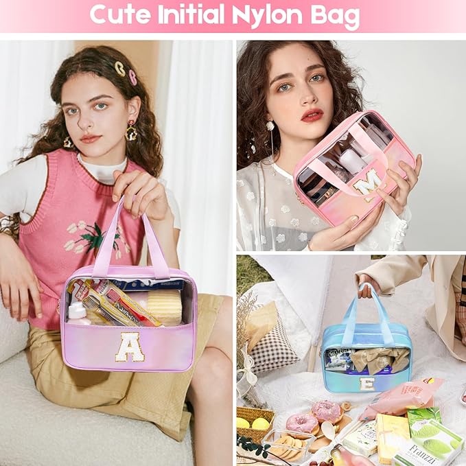 Personalized Initial Clear Makeup Bag Blue Cosmetic Bag Set Large Travel Toiletry Bag, Cute Clear Make Up Bags Organizer Bag for Girlfriend Teacher Gifts Teen Girl Gifts Trendy Stuff R (Blue)