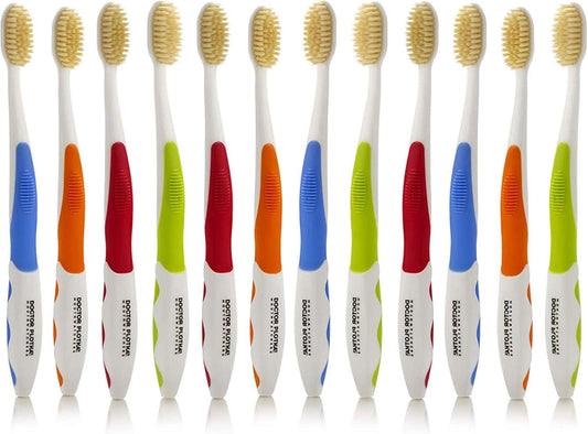 MOUTHWATCHERS Soft Flossing Toothbrushes for Adults, Bulk Pack of 12, Ultra Clean Manual Toothbrush Set for Sensitive Teeth & Gums, by Dr. Plotka, Assorted Colors