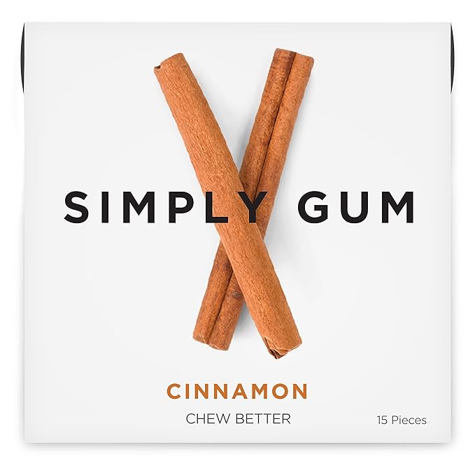 SIMPLY Gum Cinnamon, Plastic-Free Natural Chewing Gum, 12 Pack (180 Pieces) | Vegan, Kosher, Non GMO, Aspartame Free and Sorbitol Free