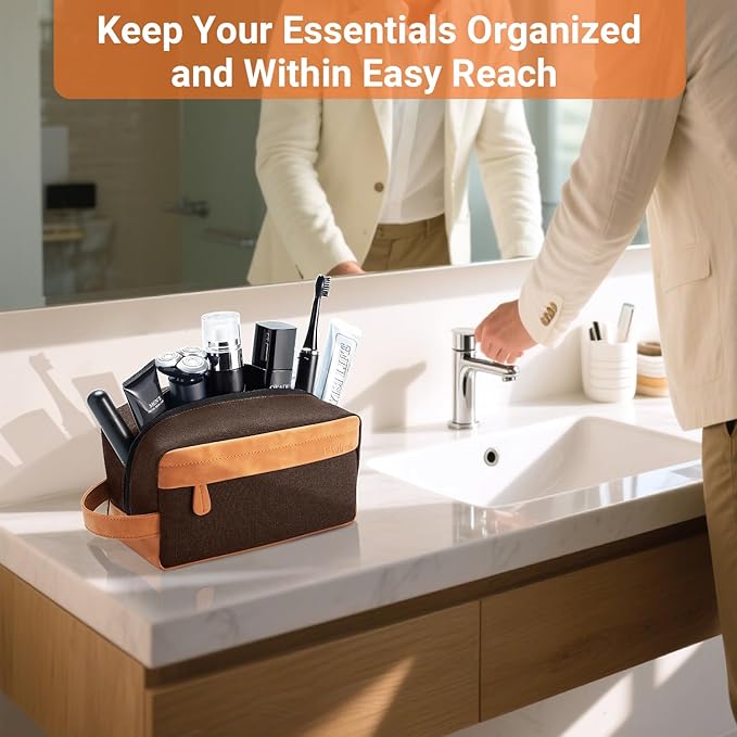 Elviros Travel Toiletry Bag for Men, Hanging Dopp Kit and Shaving Pouch, Waterproof PU Leather Mens Toiletry Travel Bag, Brown