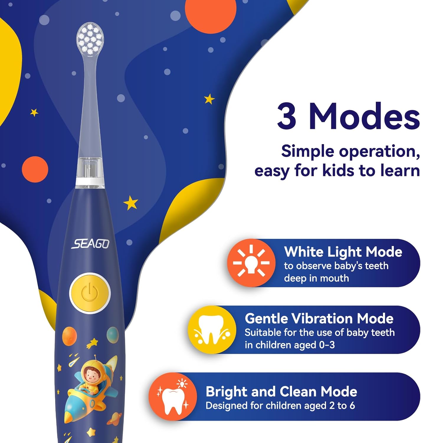 SEAGO Kids Electric Toothbrush Rechargeable with Smart Timer, LED Observing Light & DIY Stickers for Toddlers Ages 2-4, Soft Bristles for Oral Care, USB Charging (Blue)