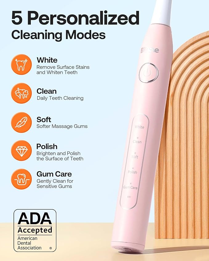 Bitvae Electric Toothbrushes 2 Pack With Holders, Ultrasonic Electronic 8 Brush Heads 5 Modes, Rechargeable Power for 30 Days Using, Black & Pink