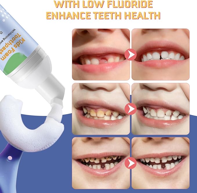 Foam Toothpaste Kids, Kids Foam Toothpaste, Toddler Toothpaste with Low Fluoride for U Shaped Toothbrush, Children Oral Cleaning for Ages 3 Plus (2PCS, Watermelon+Blueberry)