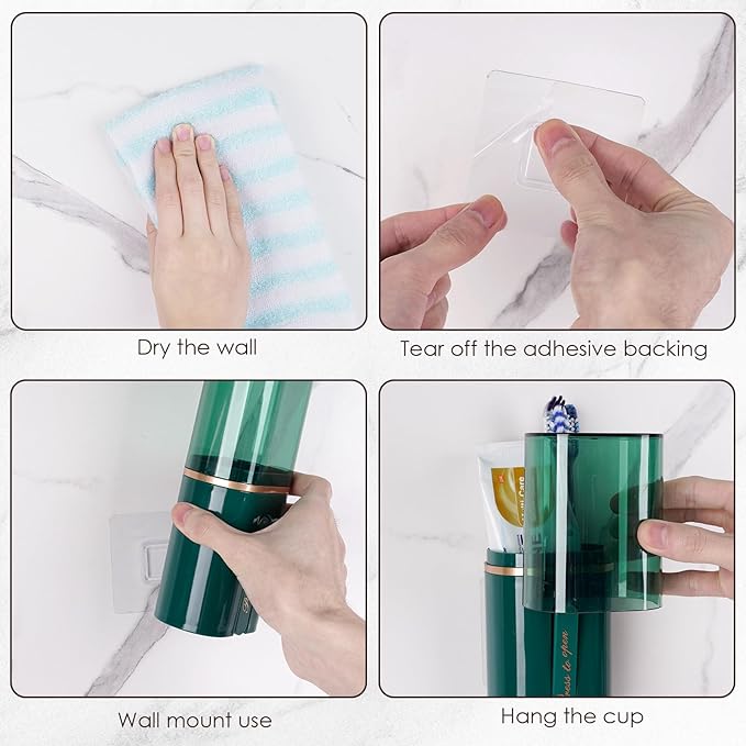 Toothbrush Travel Case, Portable Toothbrush Toothpaste Container with Mouthwash Cup, Wall Mounted Toobrushbrush Holder for Bathroom, Camping, Gym (Green)