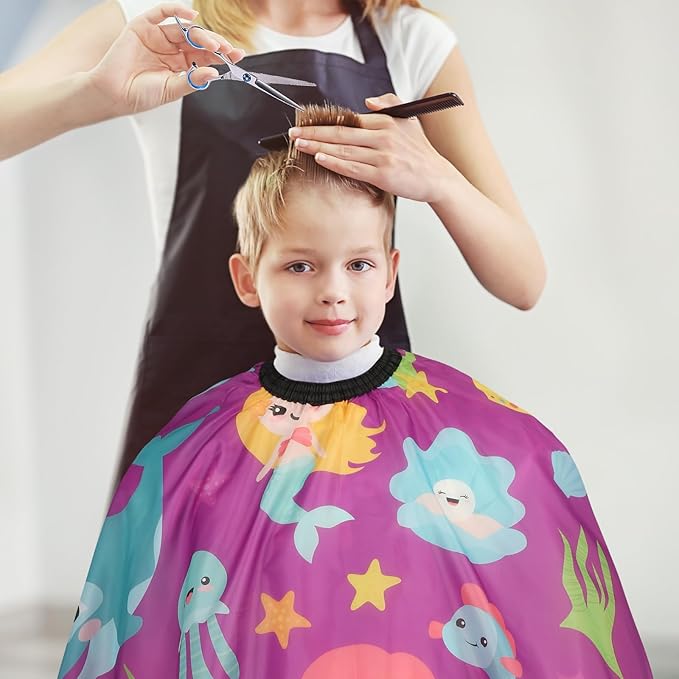 Kids Barber Cape with Neck Duster Brush, Professional Salon Hair Cutting Cape with Adjustable Snap Closure(Cartoon Mermaids)