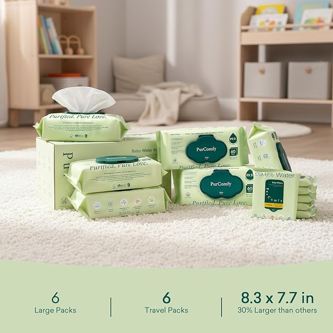 PurComfy Baby Wipes Unscented, 6 Flip-Top Packs + 6 Travel Pack 99.9% Water Wipes with Plant Based, Hypoallergenic for Sensitive Newborn Skin, Total 408 Count Wet Wipes