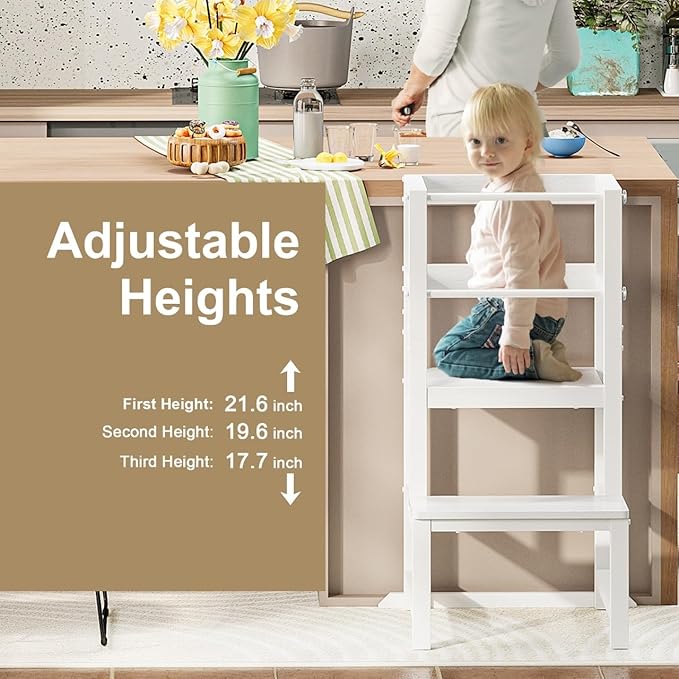 Kitchen Step Stool for Toddlers, [Thicker Tube Upgraded] Anti-Tip Toddler Tower with Safety Rail, Height Adjustable Helper for Kids, Learning Tower, Kids' Desk White Bigger