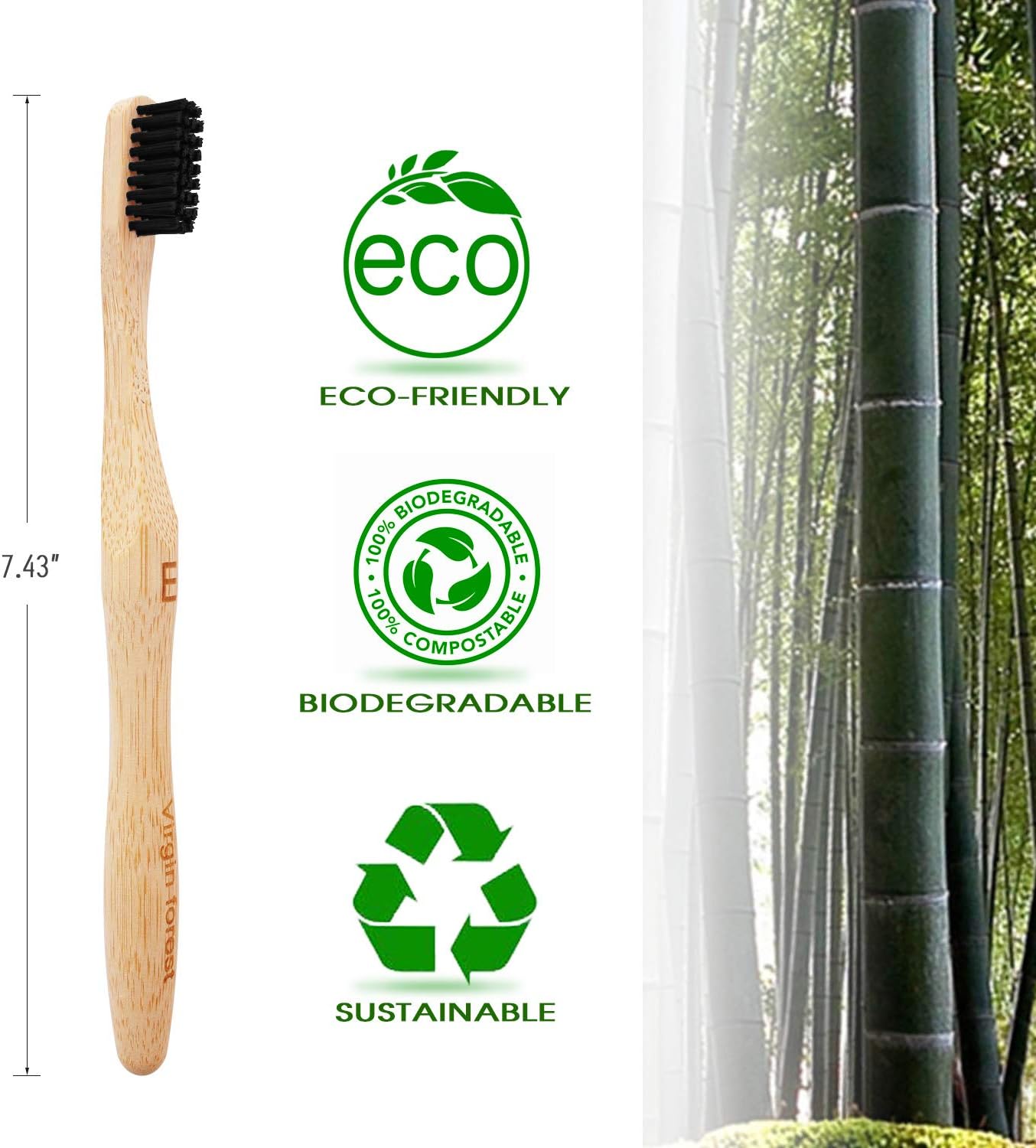 Virgin Forest Bamboo Toothbrush, Biodegradable Bamboo Charcoal Toothbrushes, Natural Eco Friendly Wooden Toothbrush 6-Pack