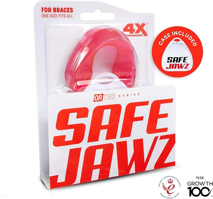 SAFEJAWZ Mouthguard for Braces, Upper & Lower Protection Remoldable Mouth Guard with Case for Boxing, Basketball, Football, MMA, Lacrosse, Hockey and All Contact Sports One Size (Ice Pink)